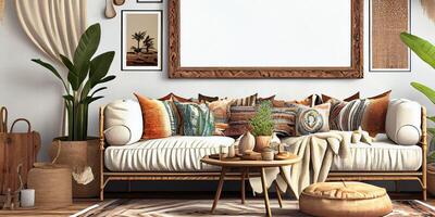 stilvoll skandinavisch Leben Zimmer mit Design Minze Sofa, Möbel, spotten oben Poster Karte, Pflanzen und elegant persönlich Zubehör. modern Zuhause Dekor. hell und sonnig Zimmer. generativ ai Illustration. foto