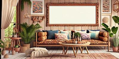 stilvoll skandinavisch Leben Zimmer mit Design Minze Sofa, Möbel, spotten oben Poster Karte, Pflanzen und elegant persönlich Zubehör. modern Zuhause Dekor. hell und sonnig Zimmer. generativ ai Illustration. foto