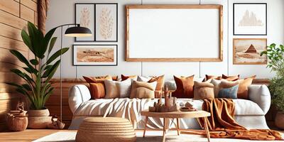 stilvoll skandinavisch Leben Zimmer mit Design Minze Sofa, Möbel, spotten oben Poster Karte, Pflanzen und elegant persönlich Zubehör. modern Zuhause Dekor. hell und sonnig Zimmer. generativ ai Illustration. foto