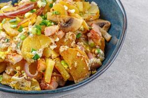 gebraten Kartoffeln mit Pilze und Schinken auf ein Stein Hintergrund Studio Essen Foto 3