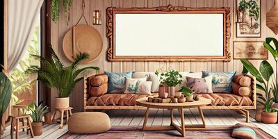 stilvoll skandinavisch Leben Zimmer mit Design Minze Sofa, Möbel, spotten oben Poster Karte, Pflanzen und elegant persönlich Zubehör. modern Zuhause Dekor. hell und sonnig Zimmer. generativ ai Illustration. foto