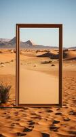 ai generiert ein Spiegel im das Wüste mit Panorama- Landschaft Hintergrund und Sand Dünen. abstrakt surreal Konzept. generativ ai foto