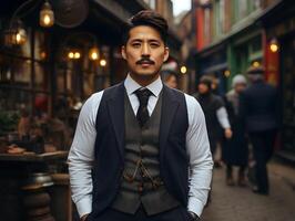 ai generiert Porträt von männlich asiatisch Mann im Jahrgang Kleidung. Gangster Gruppe im 1920. generativ ai foto