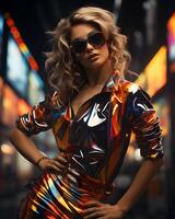 ai generiert Frau Tanzen auf Bühne tragen bunt holographisch Chrom Kleid im futuristisch retro Mode Stil. 80er Jahre Mode Stil. generativ ai foto