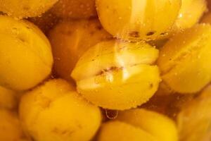 sterilisiert Mirabelle Pflaumen, hausgemacht Früchte im Sirup zum das Winter, konserviert Nährstoffe foto