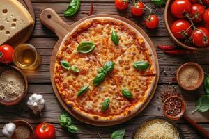 ai generiert Käse, Gewürze serviert auf rustikal hölzern Tabelle - - eben legen Stil. Italienisch Pizza Margheritafood. generativ ai foto