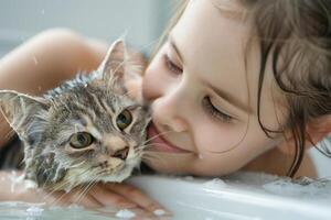 ai generiert flauschige nass Katze und Mädchen im das Badezimmer. Mädchen wäscht ihr Haustier im ein Badewanne. generativ ai foto