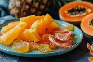 ai generiert getrocknet Früchte. Mango, Ananas, Papaya und Guave. natürlich und gesund Snack Lebensmittel. generativ ai foto