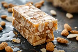 ai generiert Mandel und Honig turron. Nougat mit Nüsse. traditionell Spanisch Mandel Dessert foto