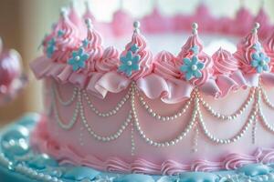 ai generiert süß Prinzessin thematisch Geburtstag Kuchen zum ein wenig Mädchen mit kompliziert Dekorationen. generativ ai foto