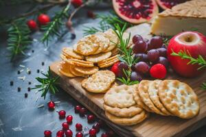 ai generiert Tafel mit Cracker und andere Snacks. generativ ai foto