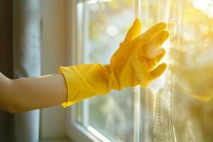 ai generiert Frau Hände im Gummi Handschuhe Waschen Fenster. Frühling Reinigung Konzept. generativ ai foto