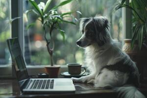 ai generiert süß Hund auf Desktop mit Notizbuch, Kaffee Tasse und Pflanze im stilvoll Zimmer. freiberuflich Konzept. generativ ai foto