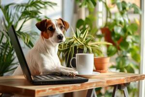 ai generiert süß Hund auf Desktop mit Notizbuch, Kaffee Tasse und Pflanze im stilvoll Zimmer. freiberuflich Konzept. generativ ai foto