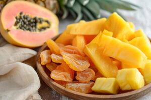 ai generiert getrocknet Früchte. Mango, Ananas, Papaya und Guave. natürlich und gesund Snack Lebensmittel. generativ ai foto