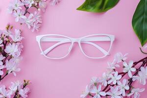 ai generiert Brille mit frisch Blumen auf Licht Rosa Hintergrund. generativ ai foto