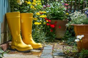 ai generiert Gartenarbeit Hintergrund mit Blume Töpfe und Gelb Stiefel im sonnig Frühling Garten. generativ ai foto