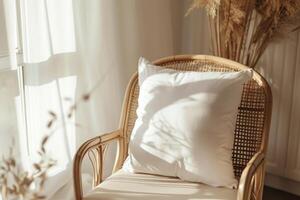 ai generiert Rattan Stuhl mit Weiß Kissen im Bohemien Stil Leben Zimmer. generativ ai foto