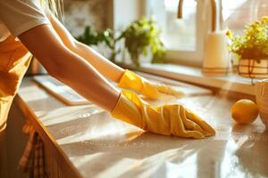 ai generiert Frau Hände im Gummi Handschuhe Abstauben Küche. Frühling Reinigung Konzept. generativ ai foto