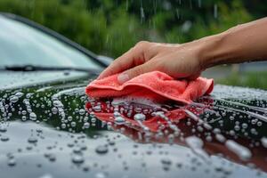ai generiert Mann Waschen ein Seife Auto mit ein Mikrofaser Tuch. Reinigung das Wagen. generativ ai foto