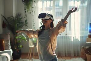 ai generiert froh Frau im virtuell Wirklichkeit Brille Tanzen wann spielen Video Spiel beim heim. generativ ai foto