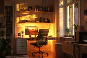ai generiert Zuhause Büro Konfiguration mit warm Beleuchtung. online Fernbedienung Arbeit von Zuhause Konzept. generativ ai foto