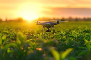 ai generiert Landwirtschaft Drohne fliegend auf das Feld. Konzept Drohne Umfrage im Landwirtschaft. generativ ai foto