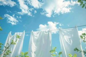 ai generiert trocken Kleider hängend auf ein Wäsche Seil draußen mit Grün Pflanzen und ein Blau Himmel im das Hintergrund. generativ ai foto