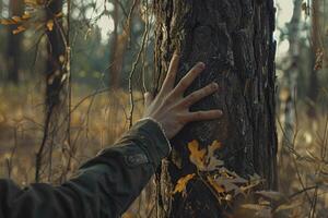 ai generiert Hand berühren groß Baum Kofferraum im das Wald. generativ ai foto