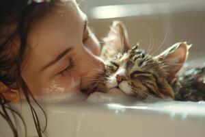 ai generiert flauschige nass Katze und Mädchen im das Badezimmer. Mädchen wäscht ihr Haustier im ein Badewanne. generativ ai foto