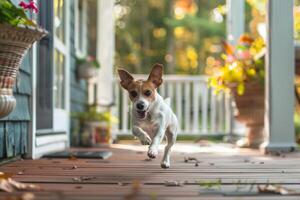 ai generiert Hund Laufen auf ein sonnig Vorderseite Veranda. generativ ai foto