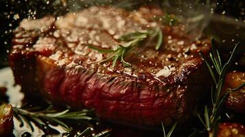 ai generiert brutzelnd Steak und fein Wein frisch und verlockend foto