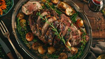 ai generiert Ostern Lamm Bein Freude saftig braten mit frisch Kräuter foto