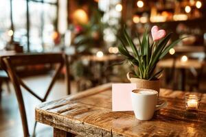 ai generiert Tasse von Latté mit Kunst und leer Hinweis im Cafe foto