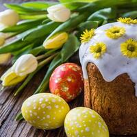 Ostern Ei Panettone Brot Kuchen Hintergrund glücklich Ostern Frühling Urlaub Tulpe foto