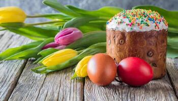 Ostern Ei Panettone Brot Kuchen Hintergrund glücklich Ostern Frühling Urlaub Tulpe foto