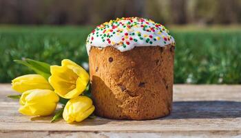 Ostern Ei Panettone Brot Kuchen Hintergrund glücklich Ostern Frühling Urlaub Tulpe foto