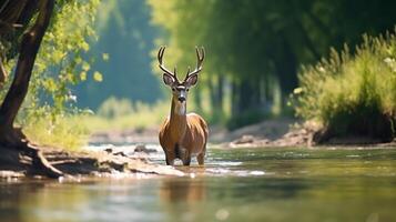 ai generiert Hirsch Tier Sitzung Fluss Bank ai generiert Bilder foto