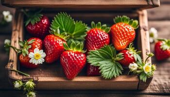 ai generiert Erdbeeren mit Blumen und Blätter im ein hölzern Box auf ein hölzern Tisch, Platz zum Text foto