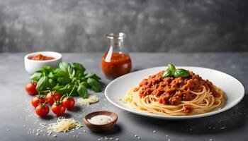 ai generiert Pasta Spaghetti Bolognese im Weiß Teller auf grau Hintergrund. Bolognese Soße ist klassisch Italienisch Küche Gericht. Beliebt Italienisch Lebensmittel. foto