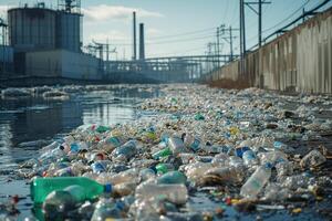 ai generiert ein Wasserweg erstickt mit ein Sintflut von Plastik Flaschen und verweigern, Hervorheben das kritisch Problem von industriell Verschmutzung und Umwelt Vernachlässigung. foto