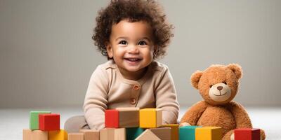 ai generiert glücklich Kleinkind mit Spielzeug Blöcke und Teddy tragen, spielerisch Kind im Kindergarten, Baby Entwicklung foto