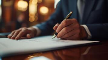 ai generiert Nahansicht von ein Profis Hand halten ein golden Stift, bereit zu Zeichen ein wichtig dokumentieren, einstellen gegen ein warm, verschwommen Büro Hintergrund. foto