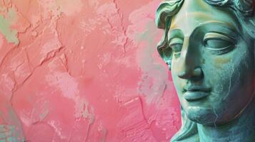 ai generiert Pastell- Ehrfurcht, Nahansicht von abstrakt griechisch Gottheit Skulptur gegen Gradient Rosa und Grün Hintergrund, Angebot Kopieren Raum foto