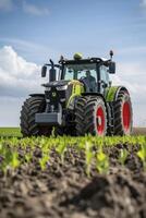 ai generiert Feld Arbeitstier, ein groß modern Traktor bereit zu angehen das Felder, symbolisieren Effizienz und Leistung im landwirtschaftlich arbeiten. foto