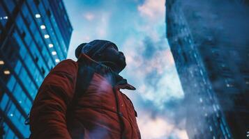 ai generiert Mann im ein rot Jacke auf ein Hintergrund von Wolkenkratzer. foto