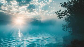 ai generiert Sonnenuntergang Über das See im das Morgen Nebel. Natur Komposition. foto