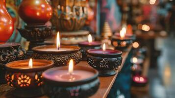 ai generiert Kerze Licht im ein Buddhist Tempel foto