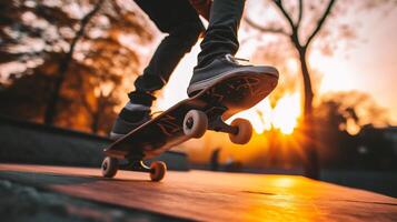 ai generiert Skateboardfahrer Skateboarding beim Skatepark Sonnenuntergang Stadtbild Hintergrund foto