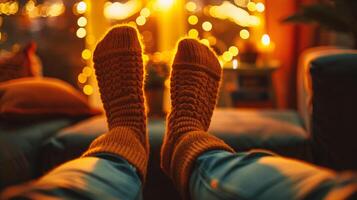 ai generiert Füße von jung Frau im warm Socken beim heim, Nahansicht foto